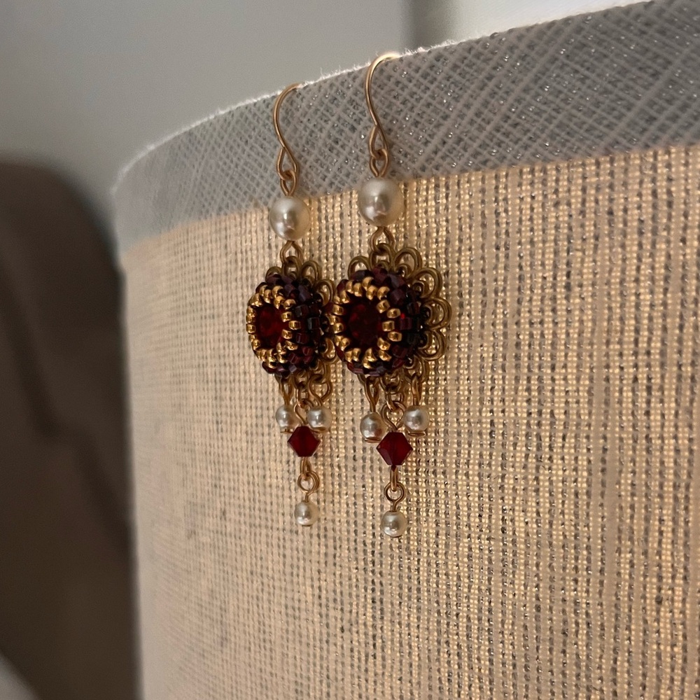 Elegant Gold and Red Dangle Earrings